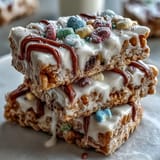 Festive St. Patrick's Day treats board with colorful Lucky Charms bark centerpiece and sweet green candies.  