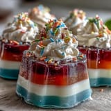 Bright, fruity rainbow Jello cups stacked in vibrant layers, garnished with a swirl of whipped topping for a festive dessert.