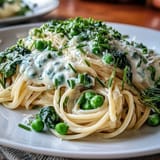 Creamy lemon pasta with bright green peas and spinach, topped with grated Parmesan and a sprinkle of chives.