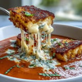Velvety tomato soup infused with basil and topped with golden grilled cheese croutons, perfect for cozy comfort food.