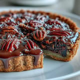 Rich, gooey Chocolate Bourbon Pecan Tart topped with toasted pecans.