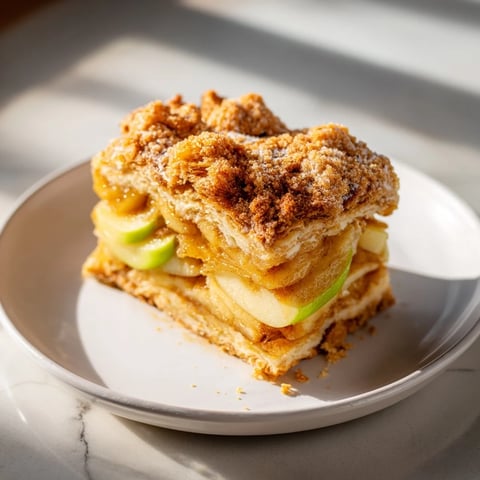 Golden, bubbling Apple Cinnamon Skillet Crisp, perfect for a cozy dessert, smells heavenly.