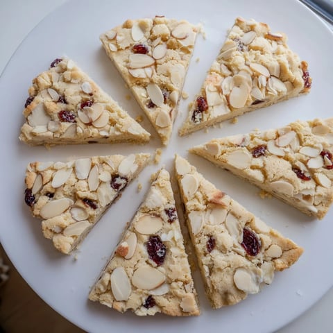 Golden, flaky Cherry Almond Shortbread Wedges, perfectly cut, ready to enjoy with a warm beverage.