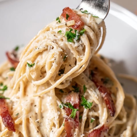 Carbonara Ramen Fusion: a creamy bowl with perfectly coated noodles, bacon, and fresh parsley.