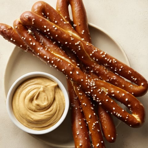 Crispy pretzel rods ready to dip, served with a vibrant yellow hot mustard dip.