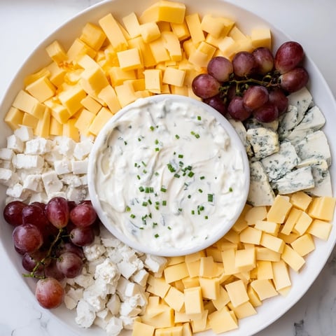 A beautifully arranged Celtic Cross cheese platter with a vibrant array of cheeses and fruits.
