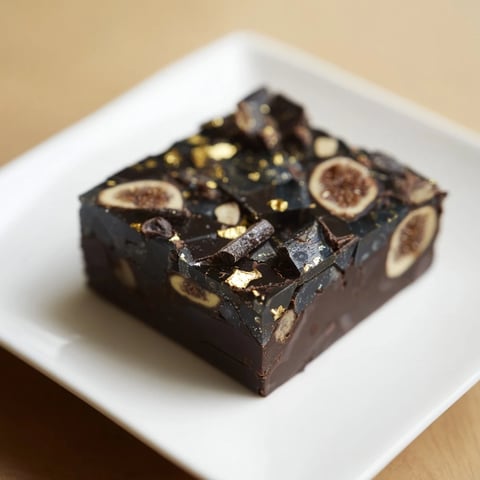 Close-up of The Midnight Mosaic: a decadent dessert showing a dark chocolate base and mosaic topping.