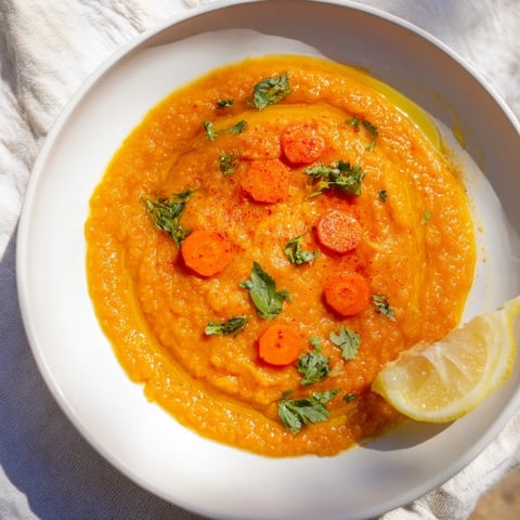 Steaming bowl of Spiced Carrot Lentil Soup, garnished with cilantro, ready to eat.