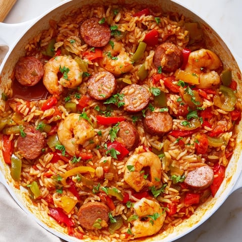 Steaming hot Jambalaya Skillet, bursting with shrimp, sausage, and vegetables, ready to serve and enjoy.