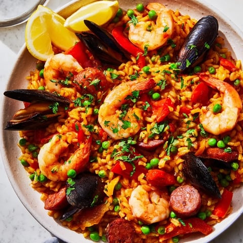 Sizzling paella, featuring golden rice, tender seafood, and vibrant vegetables, ready to serve and enjoy.