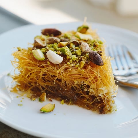 Golden, crispy Egyptian Konafa dessert drizzled with sweet honey syrup, ready to eat.