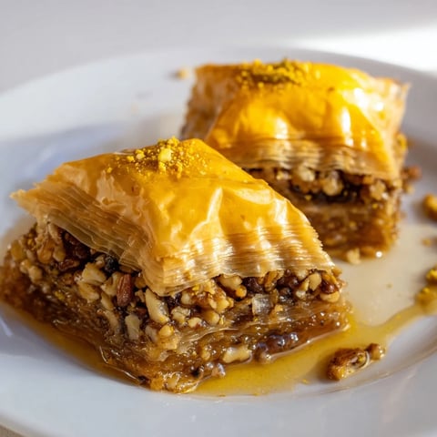 Golden-brown Turkish baklava with honey syrup glistens, showcasing layers of crispy phyllo dough and nuts.
