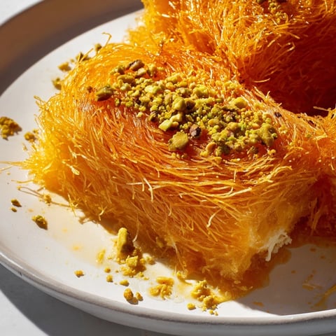 Golden-brown Lebanese Knafeh cheese dessert with dripping syrup and sprinkled pistachios, delicious and inviting.