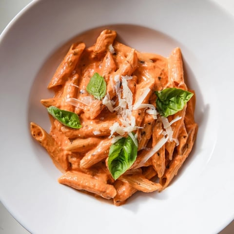 A close-up of Roasted Red Pepper Pasta twirled on a fork, showcasing the creamy, vibrant red sauce and fresh basil garnish.