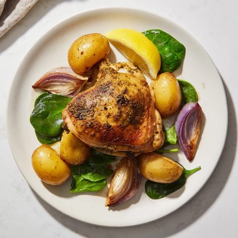 A close-up shot of steaming Pan-Roasted Chicken with Zaatar, alongside roasted potatoes and vibrant greens.
