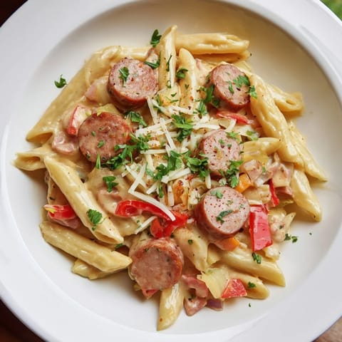 Golden penne pasta coated in rich Alfredo sauce with savory smoked sausage, a Cajun Alfredo symphony.