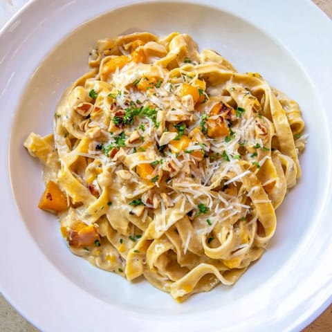 Golden-hued Healthy Creamy Pumpkin Sage Holiday Pasta with creamy sauce, a beautiful and comforting dish.