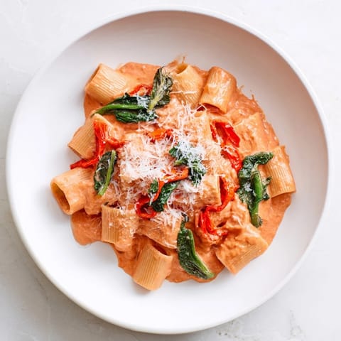 Creamy Lightened-Up Vodka Rosé Christmas Pasta, vibrant green spinach complements the rich tomato vodka sauce.