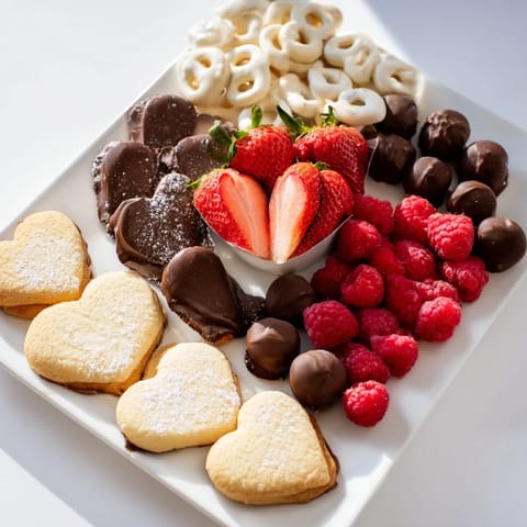This Love Letter Dessert Board features an assortment of colorful fruits and sweet treats arranged artistically.