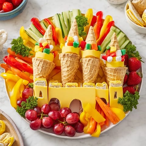 Fairy Tale Castle Platter with colorful fruits and veggies arranged for a party.
