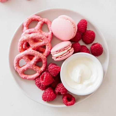 A visually stunning Baby Reveal board with fresh berries, macarons, and playful colored pretzels.