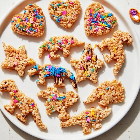 Cookie cutter shaped Rice Krispies treats, showing festive shapes sprinkled with colorful, crunchy sprinkles.