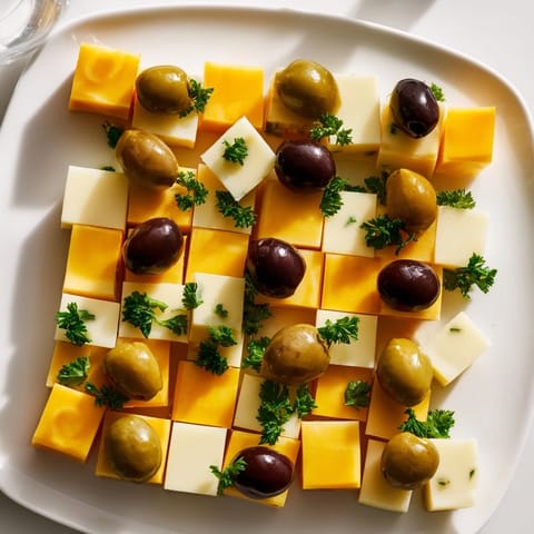 Vibrant image of Cheese and Olive Chess Board: a beautiful party appetizer with alternating black and green olives.