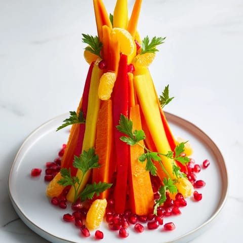 A visually stunning Bonfire Warmth Centerpiece: orange carrot flames and citrus segments give a warm glow.