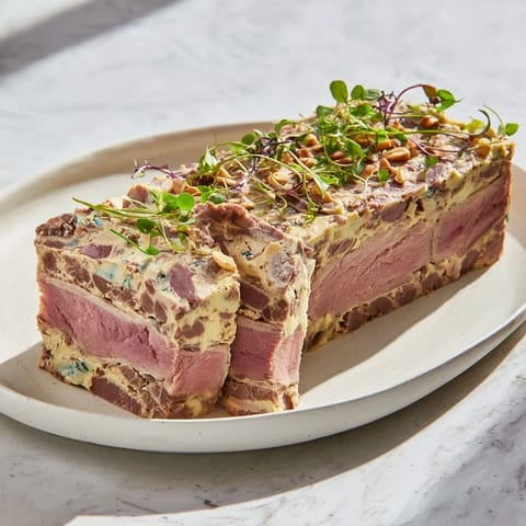 Layered meat slices of The Grand Canyon Rim, showcasing a creamy blue cheese center and garnishes.