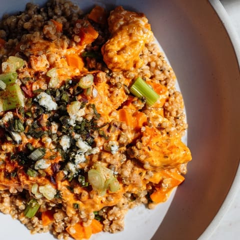 This satisfying vegetarian Buffalo Chicken Bean Salad is tossed in a creamy, spicy dressing.