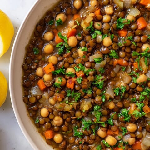 Enjoy a warm and vibrantly spiced Middle Eastern lentil and chickpea stew, perfect for chilly evenings.