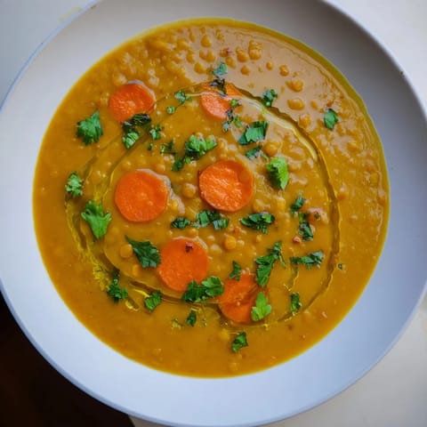 Hearty Spiced Carrot Lentil Soup, a vibrant orange hue, perfect served with crusty bread.