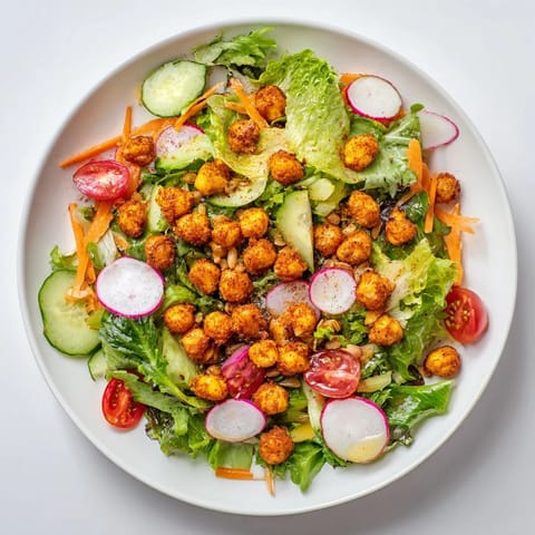 Imagine a vibrant Mixed Greens Salad featuring crunchy, spiced chickpea croutons over fresh greens.