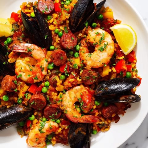 A steaming, flavorful paella with chorizo and shrimp, garnished with fresh parsley and lemon wedges.