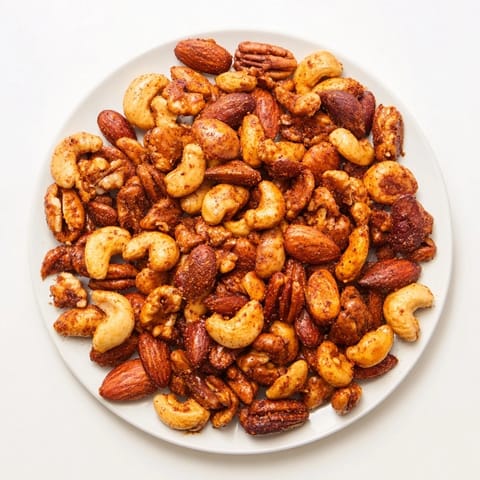 Golden roasted Spiced Nuts Mix glistening with honey and aromatic spices, served in a rustic ceramic bowl.
