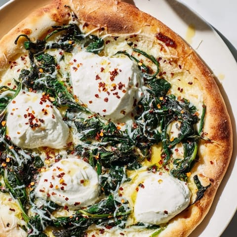 Savory Spinach Ricotta Pizza features garlic butter brushed on a crispy crust, dotted with dollops of ricotta and vibrant wilted spinach leaves.  