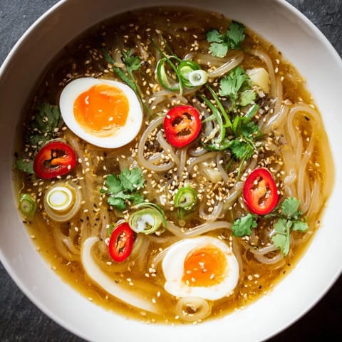 In this savory Shirataki Noodles With Broth, thin white noodles soak up a ginger-and-garlic-infused broth, topped with sliced red chili and herbs.
