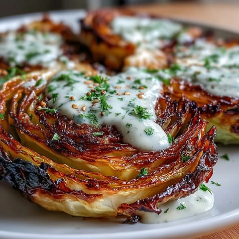 Caramelized cabbage steaks with smoky paprika and cumin, served warm with a velvety tahini drizzle and lemon wedges.  
