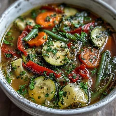 Focusing on the vibrant red bell pepper and green beans in this Italian Herb Vegetable Soup, served hot.