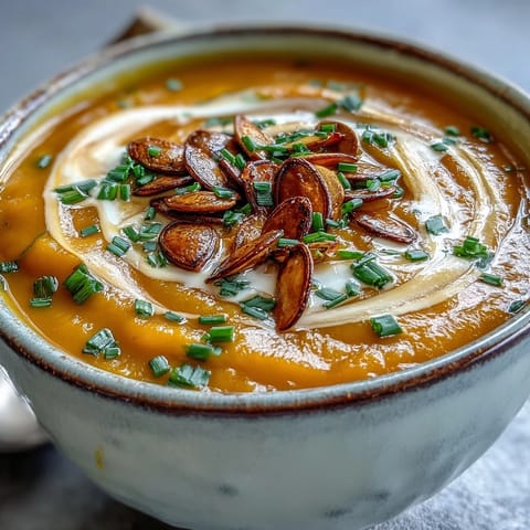 A bowl of creamy acorn squash soup topped with toasted pumpkin seeds and fresh chives, garnished with a swirl of cream.