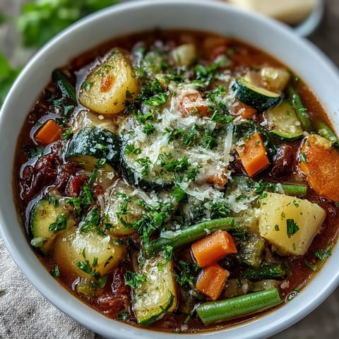 A steaming bowl of Parmesan Veggie Soup, featuring tender zucchini, carrots, and potatoes in a rich, savory broth.