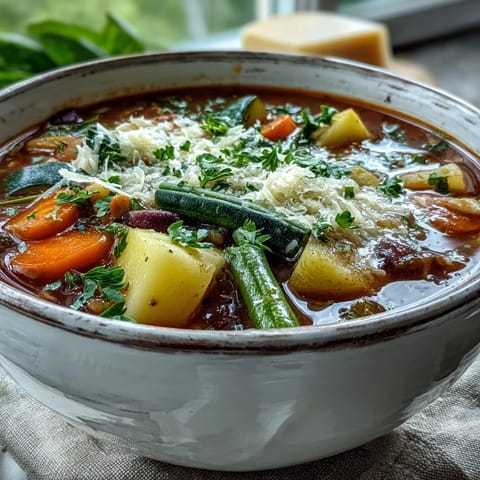 Close-up of Parmesan Veggie Soup topped with fresh parsley and grated cheese, served alongside a slice of crusty bread.