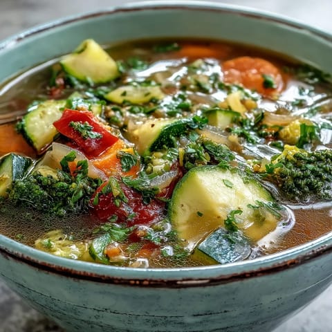 A steaming ladle of Ginger Vegetable Soup reveals colorful chopped carrots and zucchini in a savory broth.