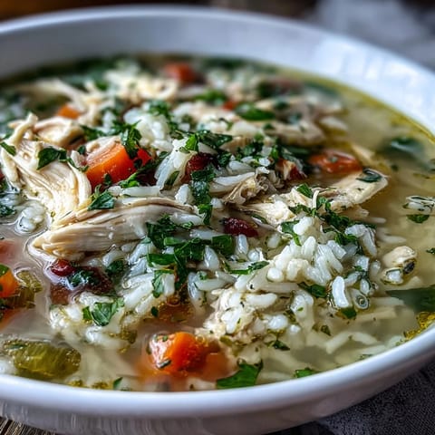 Steaming bowls of Cozy Winter Chicken and Rice Soup filled with tender shredded chicken and carrots.