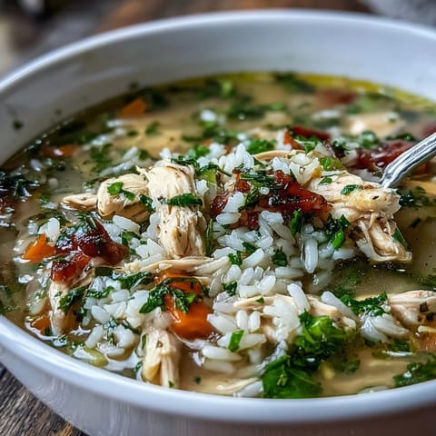 A rustic Dutch oven holds homemade Cozy Winter Chicken and Rice Soup with a garnish of parsley.