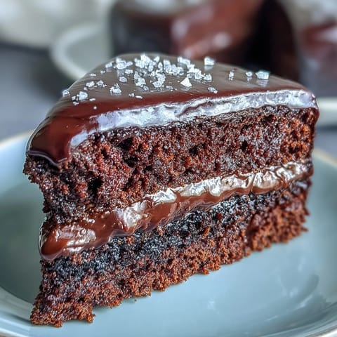 Freshly baked Easy Chocolate Fudge Cake layers with rich, glossy chocolate icing, ready to serve on a ceramic cake stand.