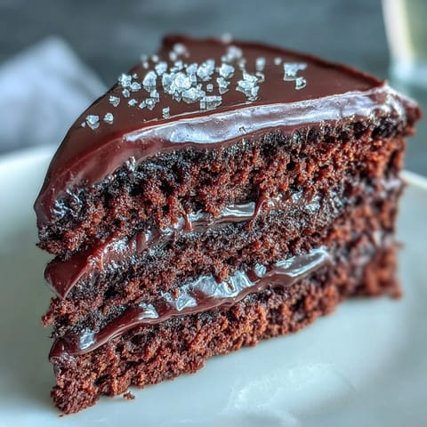 A slice of moist Easy Chocolate Fudge Cake on a plate with a fork, featuring a super-squidgy, tender crumb.