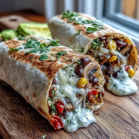 Freshly rolled Veggie Burritos stuffed with savory black beans, peppers, and melted cheese, ready to enjoy for an easy dinner.