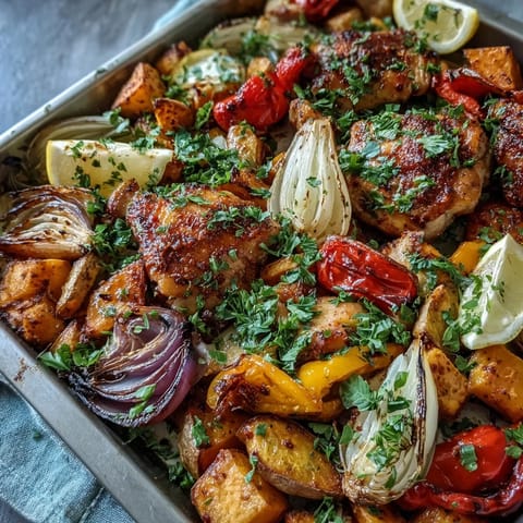 Roasted Chicken and Sweet Potato Traybake with juicy thighs and golden vegetables on a baking sheet.