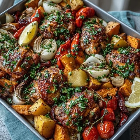 Golden-brown Chicken and Sweet Potato Traybake served with fresh lemon wedges and parsley garnish.